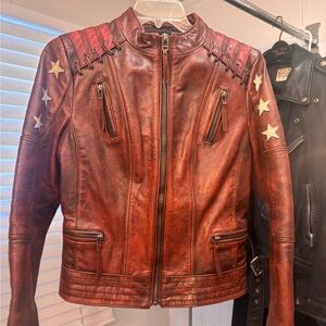 Black Rivet Women's Red Leather Jacket with Star Accents